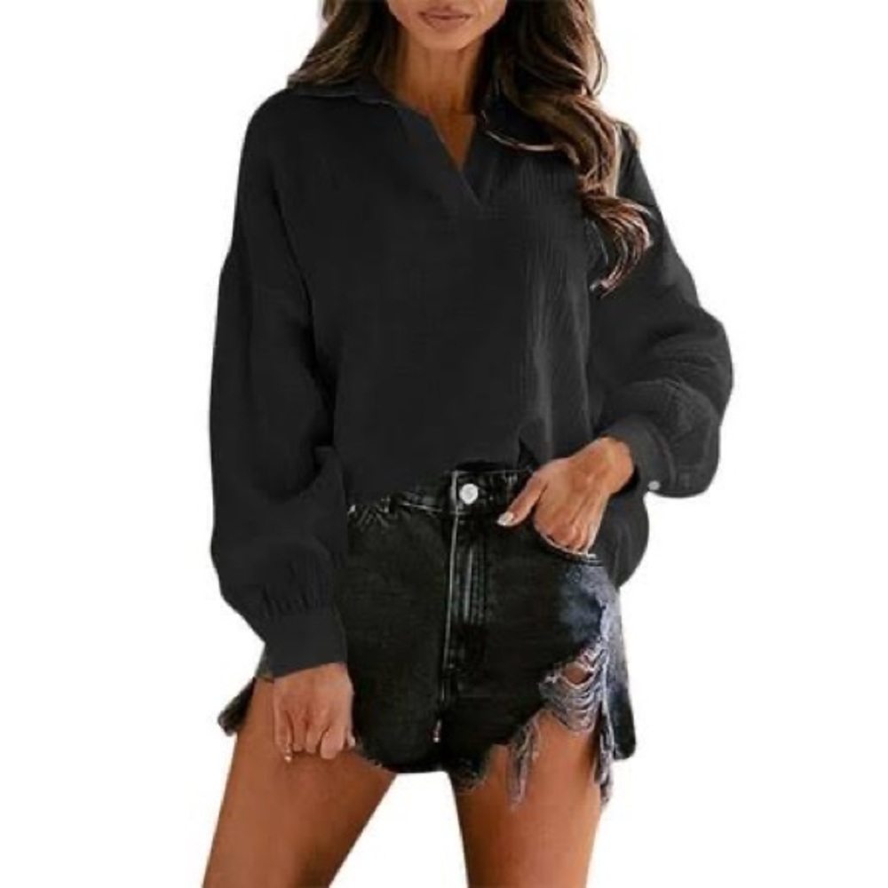 Vintage Loose Casual V Neck Lapel Puff Long Sleeve Black Poplin Eyelet Blouse